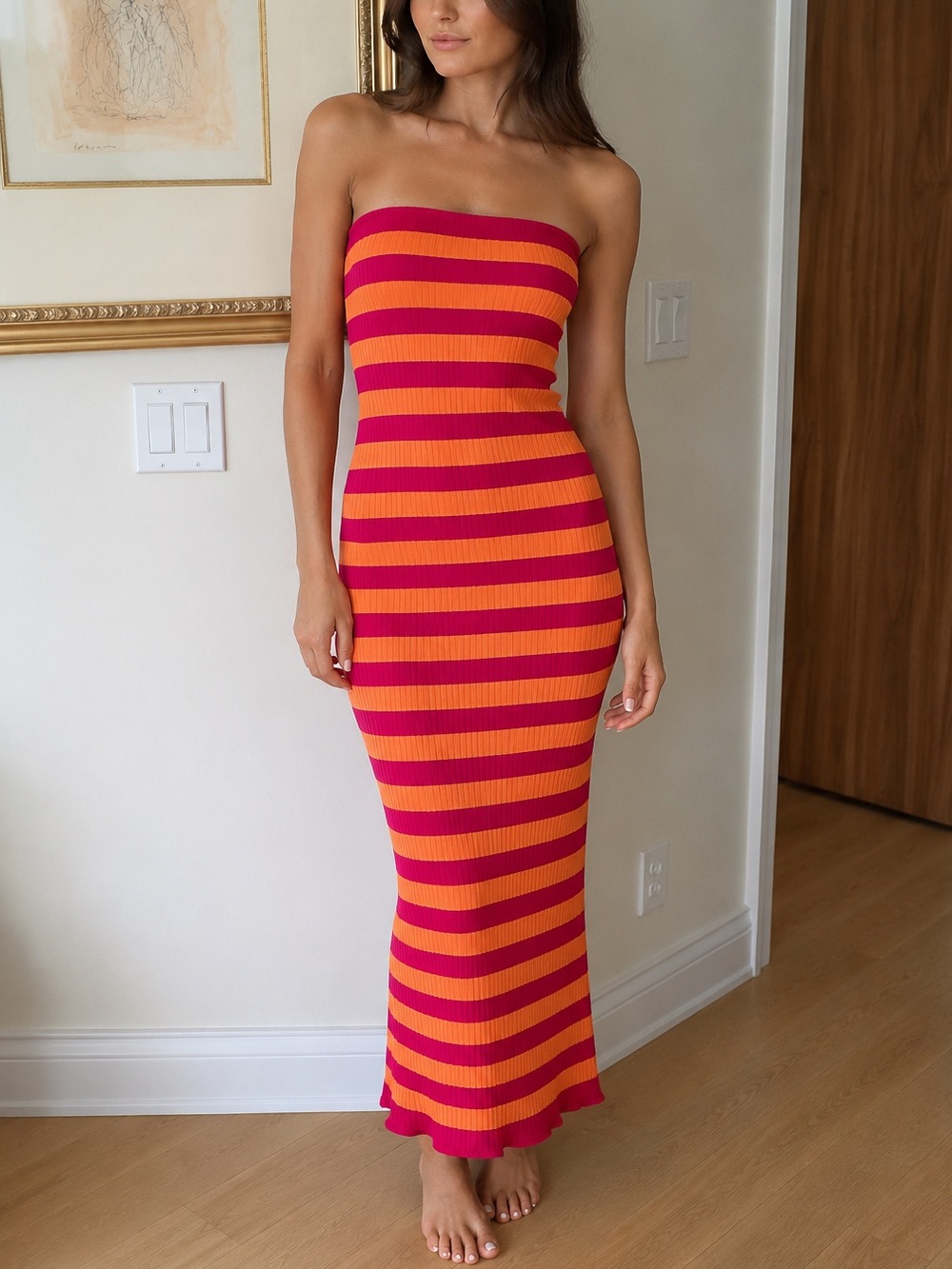 Striped Strapless Maxi Dress in Pink and Orange